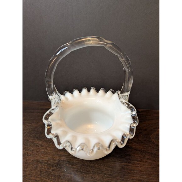 Vintage Fenton Milk Glass Ruffled Basket With Clear Glass Handle 6" T X 5" W - Picture 7 of 7